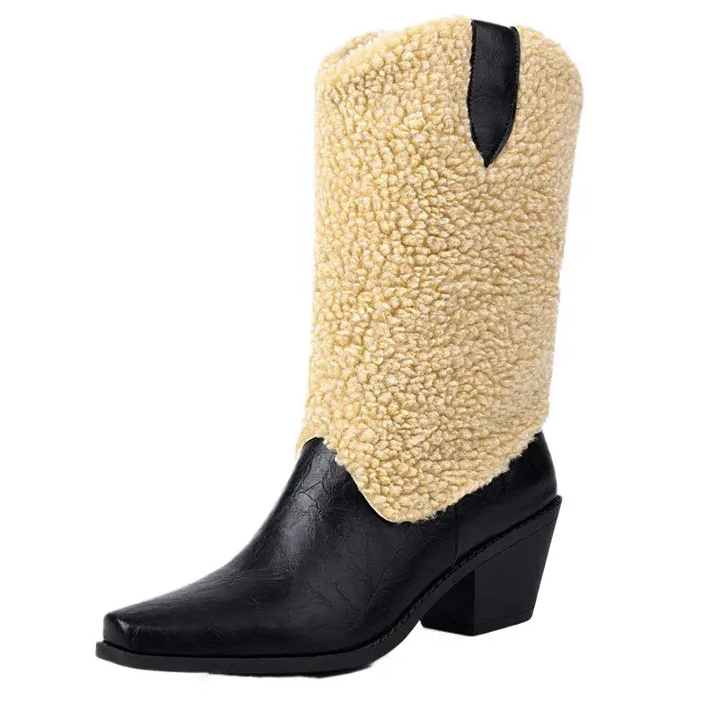 

ASILETO Female Boots Toe Block Heels 6cm Slip On Mixed Color Size 46 47 Mid Calf Bota