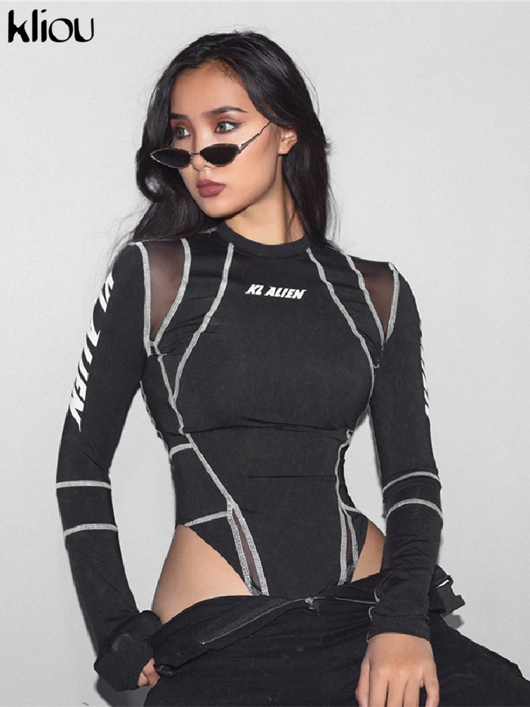 Kliou Women Full Sleeve Turtleneck Bodysuits Mesh Patchwork Letter Print Biker New Fashion Female Workout Street Casual Rompers