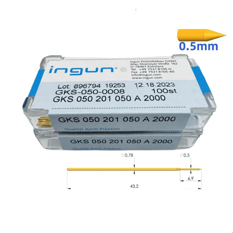 100 قطعة/صندوق INGUN التحقيق GKS050 سلسلة 0.78 مللي متر مطلية بالذهب اختبار التحقيق تلسكوبي الربيع ICT تركيبات دبوس علوي