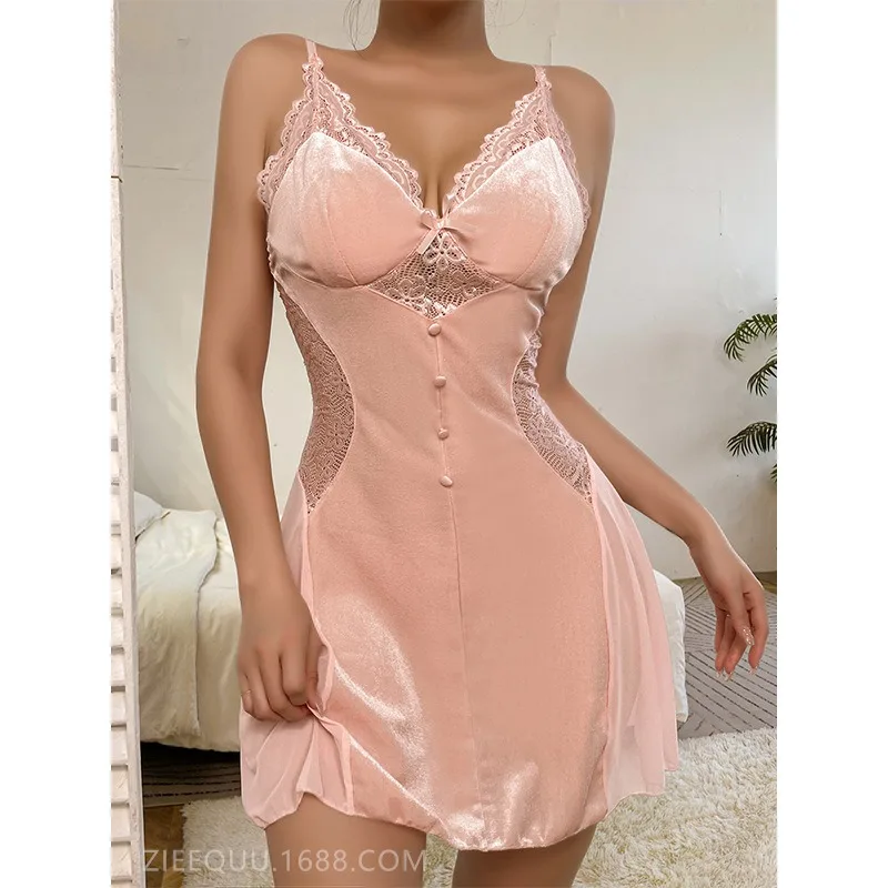 Sexy  Velvet Mesh Splicing Sling V-neck Fit And Flare Dress Elegant Pure Colour Temperament Girl Dew Shoulder Dresses New  NKGJ