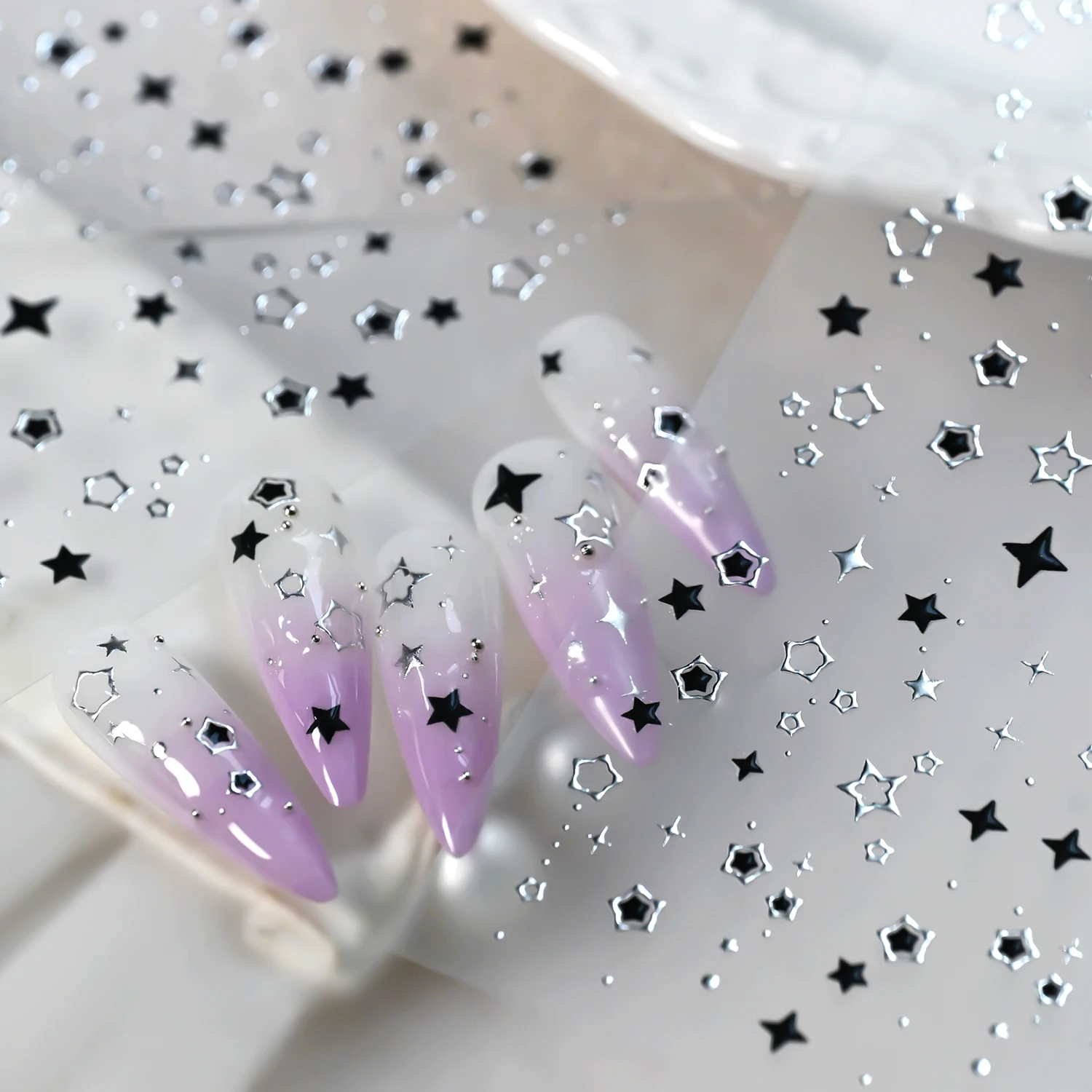 1Pcs 5D Silver Black Star Nail Stickers Bronzing Hollow Out Starlight Self-Adhesive Nails Decals DIY Luxury Manicure Decorations