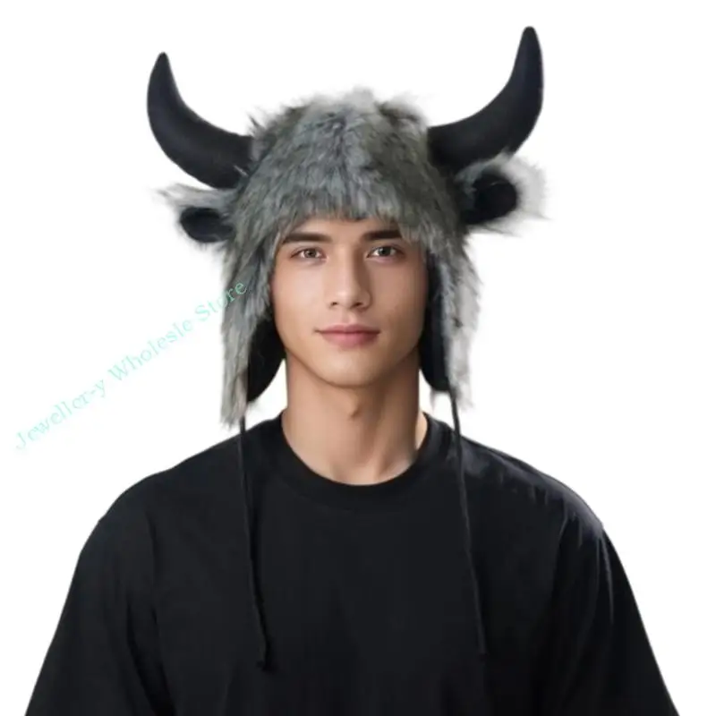 

R7UF шапка с ушками бычьего рога для взрослых, унисекс, вечерние, теплая плюшевая шапка-ушанка для косплея, для зимних маскарад,