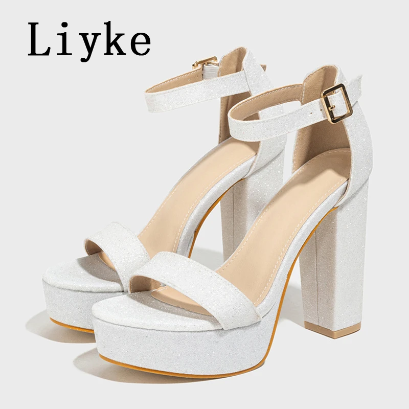 

Liyke Римские сандалии из ткани с блестками, вечерние туфли, пикантные женские туфли-лодочки на платформе с открытым носком и пряжкой на каблуке с ремешком, модные туфли-лодочки на квадратном каблуке