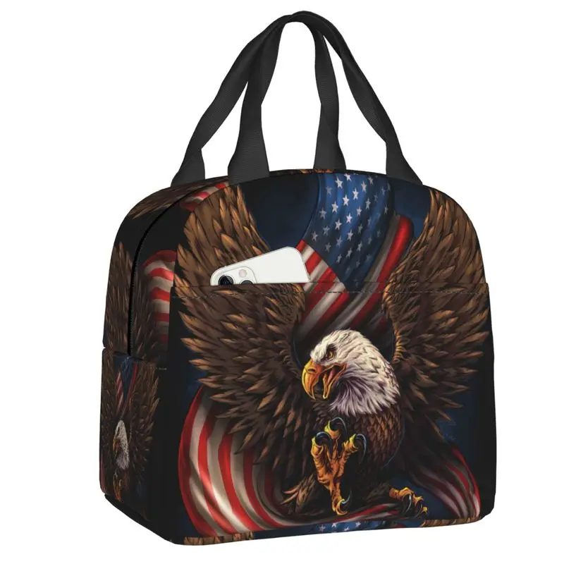 USA Flag American Eagle Insulated Lunch Bag for School Office Waterproof Thermal Cooler Bento Box Women Children