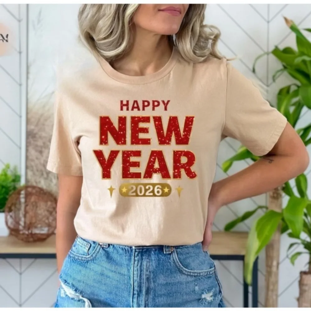 Happy New Year 2026 T-Shirt Red Letter Graphic Tee Festive Celebration Tops Street Fashion Streetwear Sweatshirt  Women Y2k Top