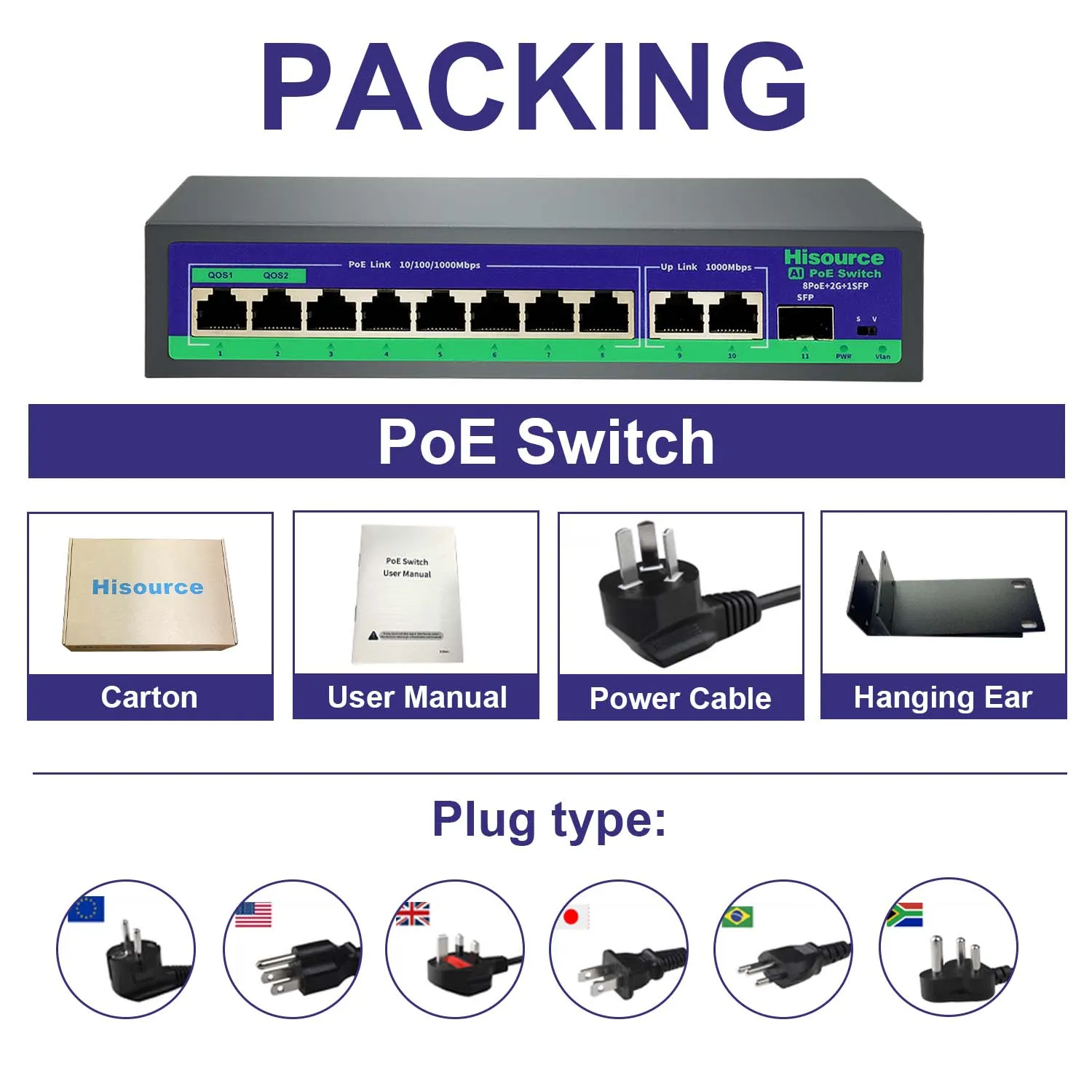 Hisource 8 16 24 Port Full Gigabit Network Switch 1000Mbps Active PoE Switch IEEE 802.3 af/at for IP Camera/CCTV Security