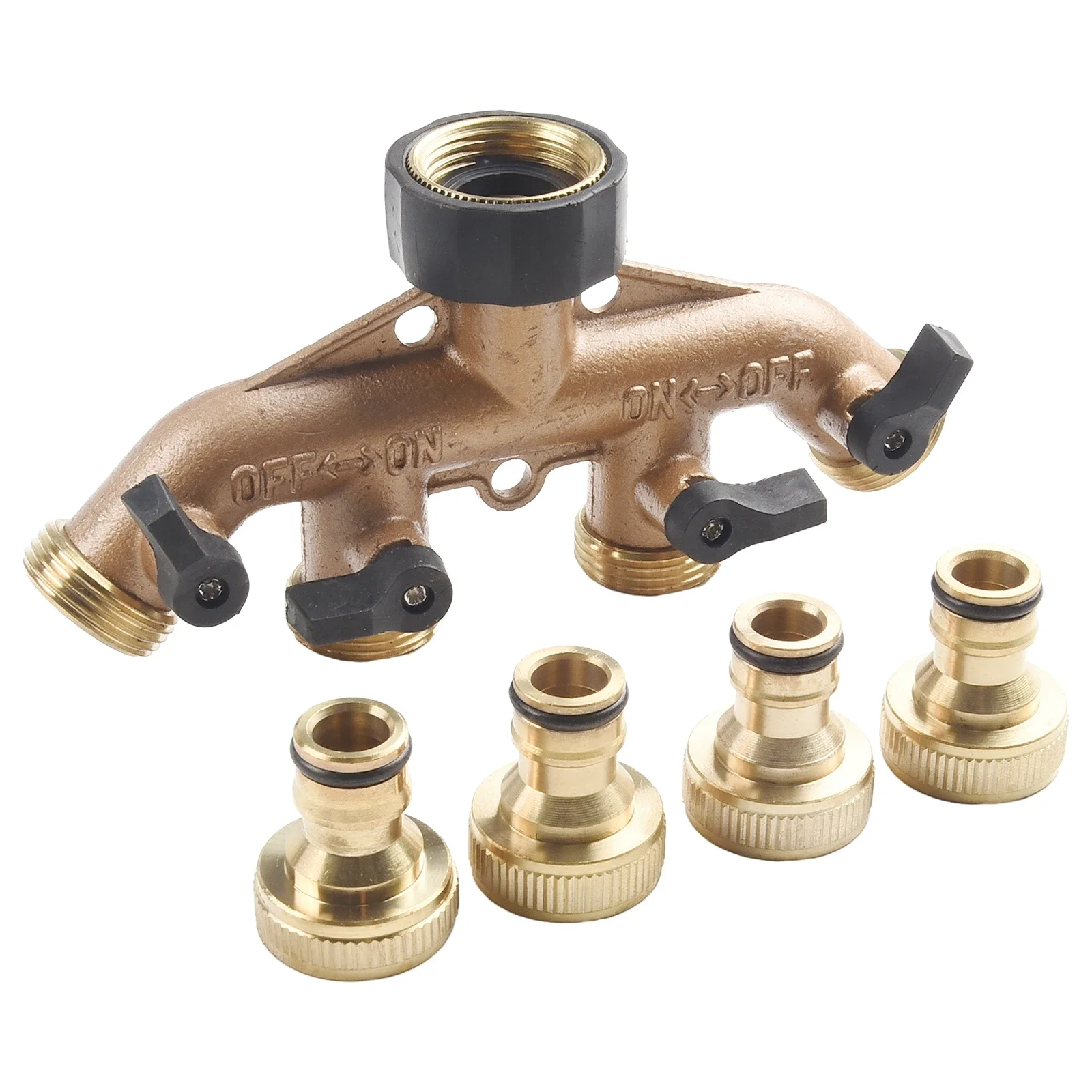 

4 Way Solid Brass Hose Splitter Connector With Shut Off Valves 3/4inch Faucets Adapter Switcher Connector Irrigation Watering