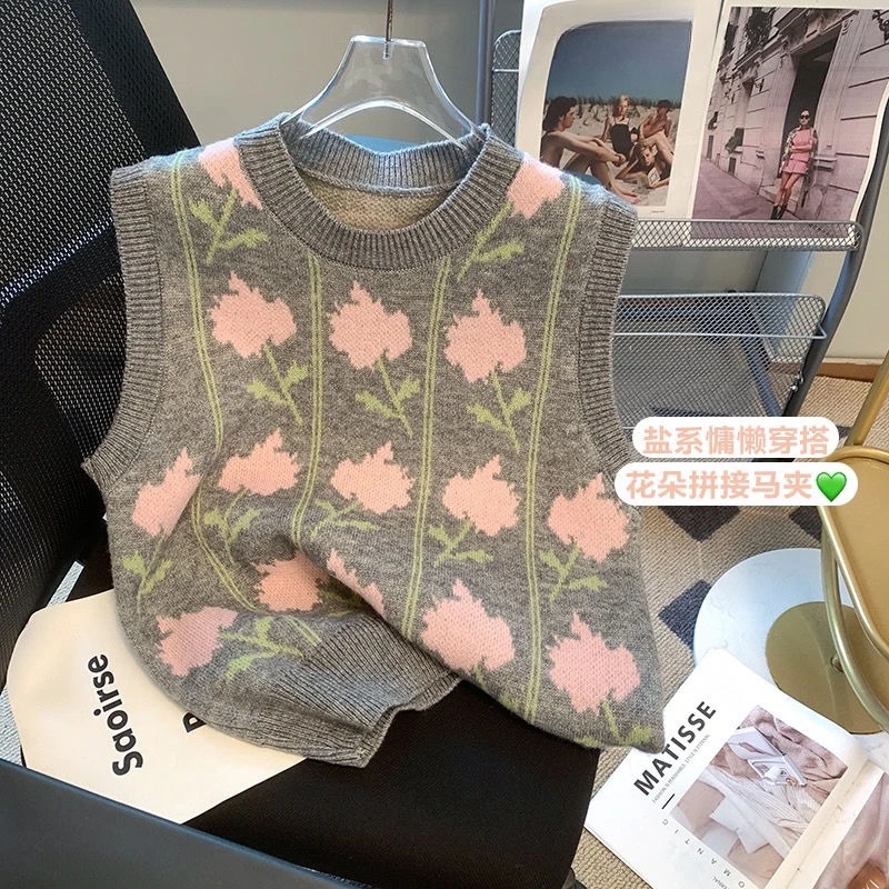 

Свитер с цветочным принтом, жилет, женская осенне-зимняя одежда, корейский джемпер с круглым вырезом, свободный винтажный жилет 2025 Ropa Mujer, повседневные вязаные майки