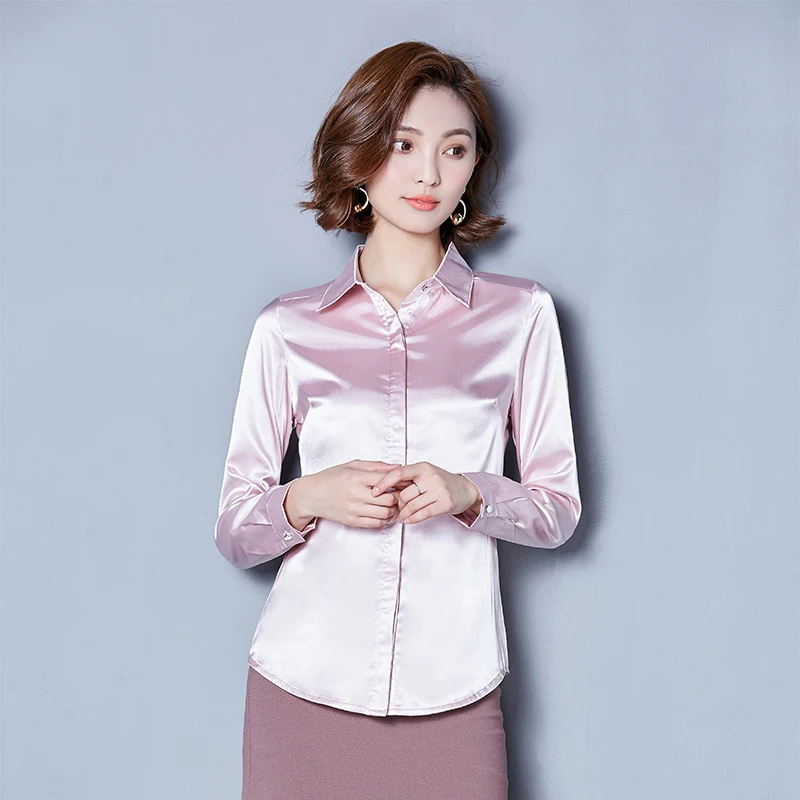 Glossy slip satin shirts women long sleeve Shiny satin blouses women work wear office OL shirts formal satin tops