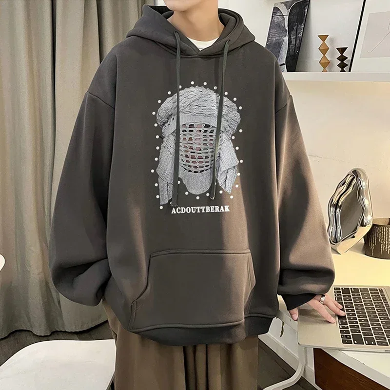 Spring Men Goth Masked Figure Graphic Hoodies Fleece Hip Hop Streetwear Pullover Hoody Y2K Vintage Oversized Hooded Sweatshirts