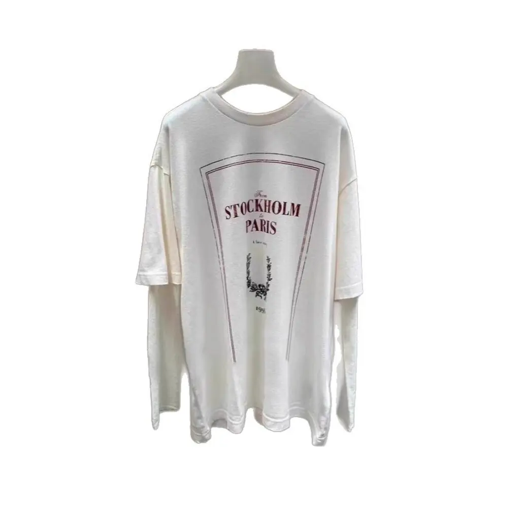

Women's Correct Version New Letter Printed Mesh Semi-See-Through Distressed Loose Long-Sleeved T-Shirt Fake Two-Piece Set