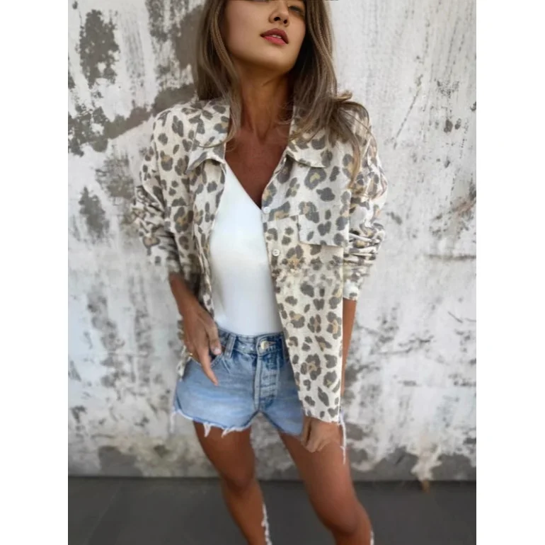

2025 New Women's Faion Loose Long Sve Leopard Print irt Stand Collar Polyester Fabric UV Protection Spring Season