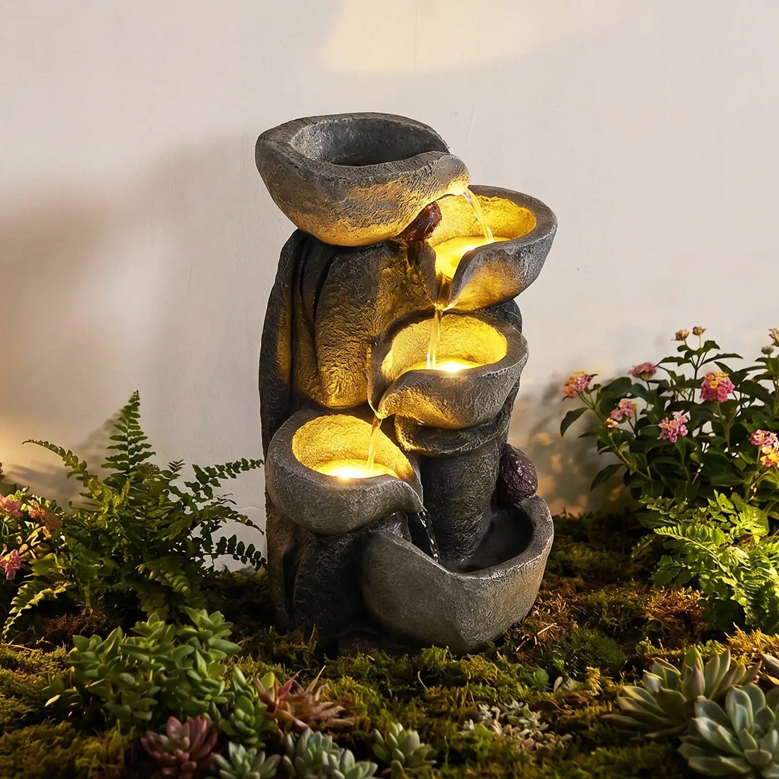 5-Tier Outdoor Water Fountain with Lights, 17.5 Inch Cascading Bowls Tabletop Waterfall Fountain with Pump, Resin