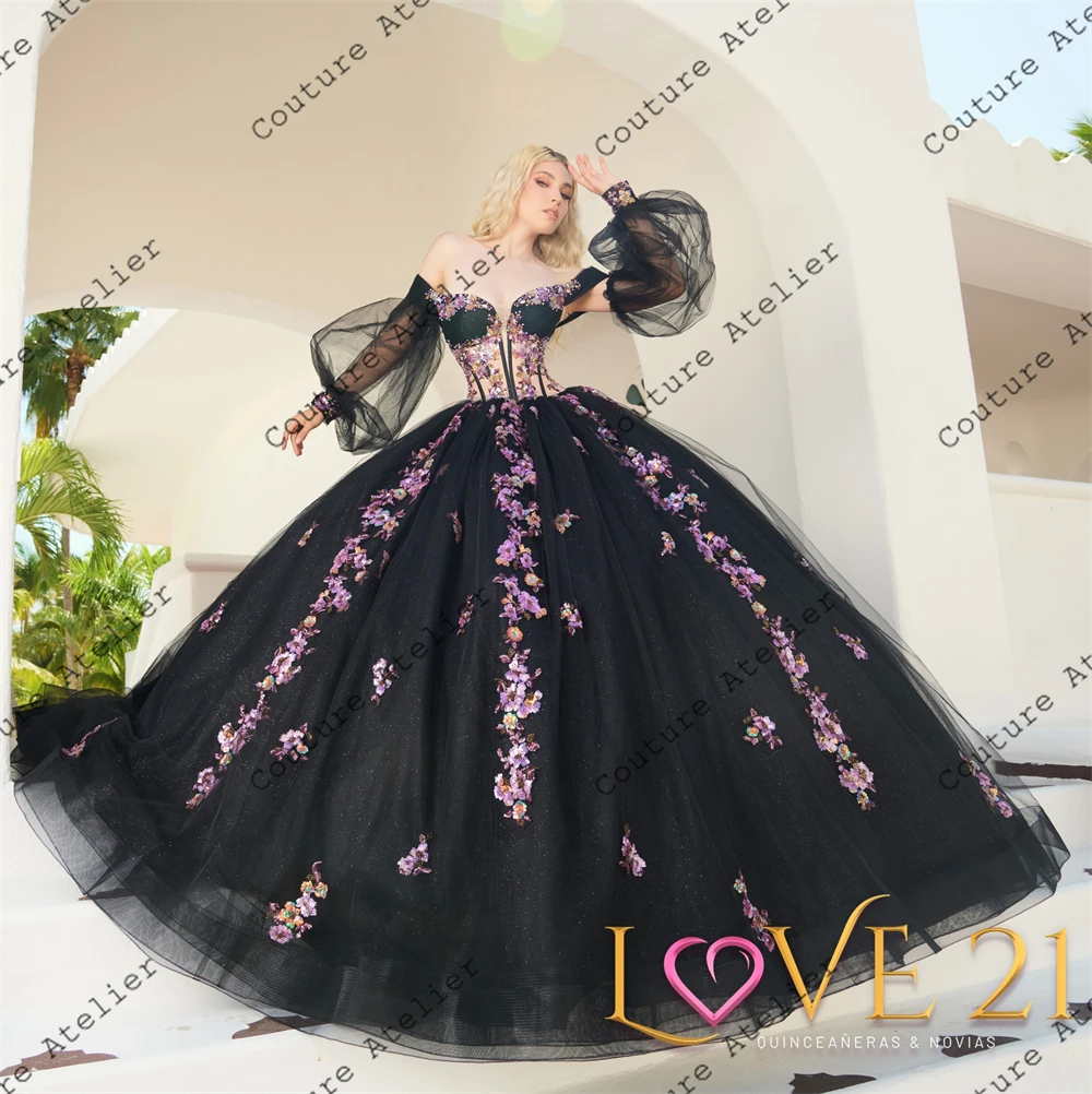 Designer Pink Lace Appliques Black Lantern Sleeve Quinceanera Dresses Ball Gown 2024 Princess Corset Sweet 16 Dress Wedding Gown