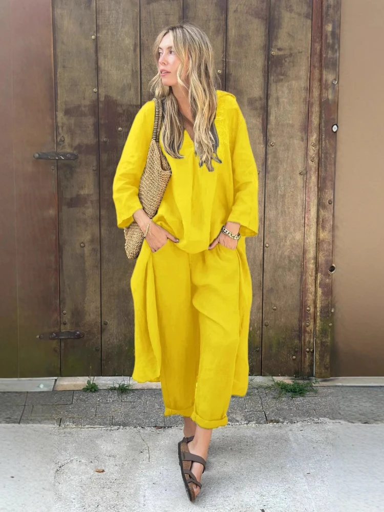 

2025 Summer Fashion New Women's Cotton and Hemp Set Loose V-neck Long Top High Waist Wide Leg Pants Two Piece Set