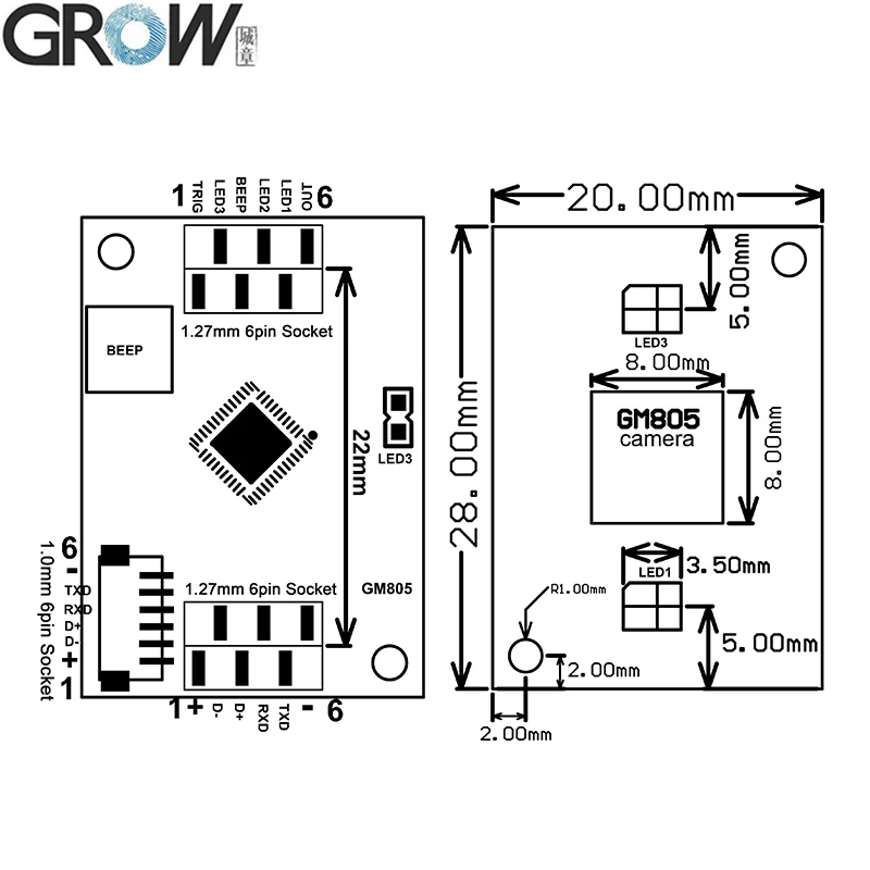 GROW GM805 Series DC5V USB/TTL232 Interface 1D/2D QR Bar Code Reader PDF417 Barcode Scanner Module for Arduino Windows Android