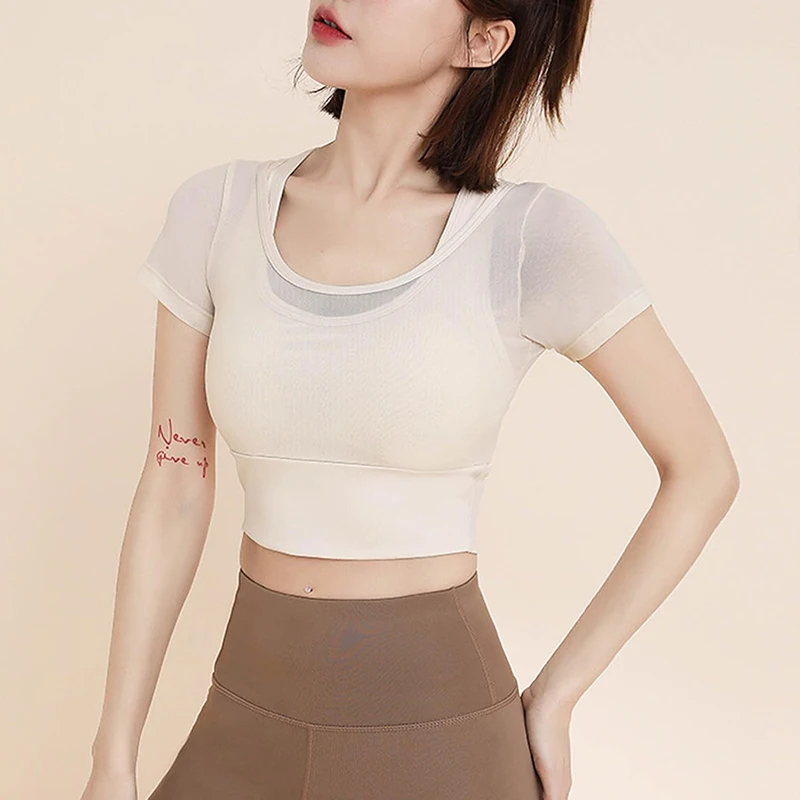 

Yoga Suit Short Sleeve Breathable Sports Fitness Top With Chest Pad Slim Fit Beautiful Back Two Fake Pieces Of Mesh T-Shirt