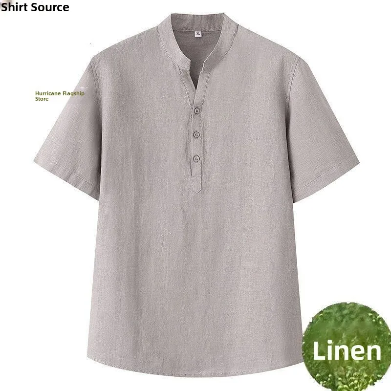Summer Men's Loose Fit Cotton Linen Short Sleeve T-Shirt Thin Style Casual Shirt Bright Thread Standard Version Daily Wear