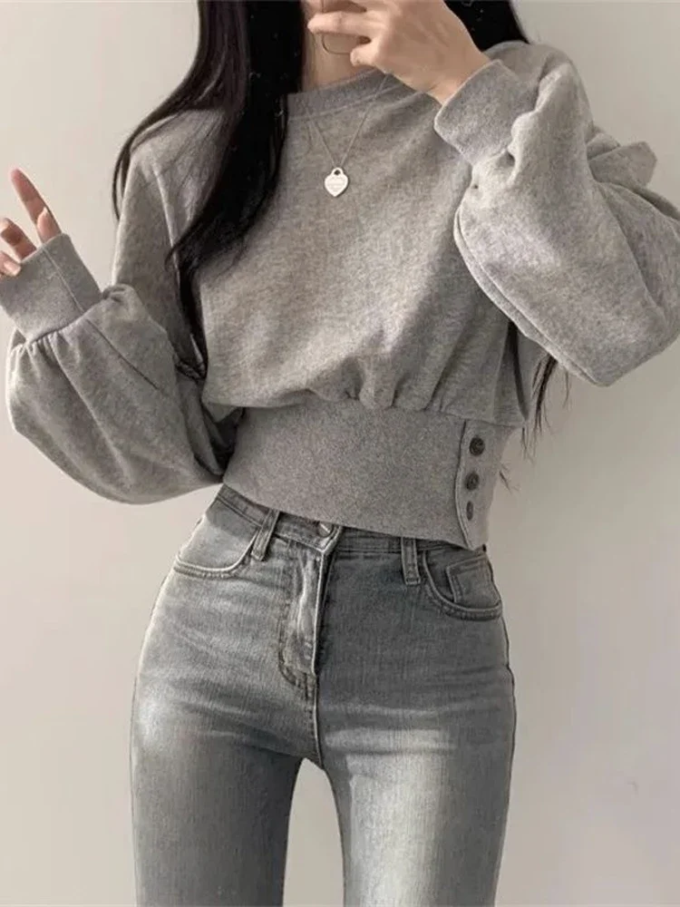 Long Sleeve Tops Women Korean Fashion Crop Sweatshirt Female Vintage Casual Buttons Up Sweatshirts Chic Hoodies Ladies E752