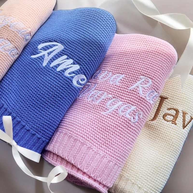 Personalized Cotton Knitted Blanket  Embroidered Name Baby Boy Girl Soft Breathable Stroller Blanket 100x80cm