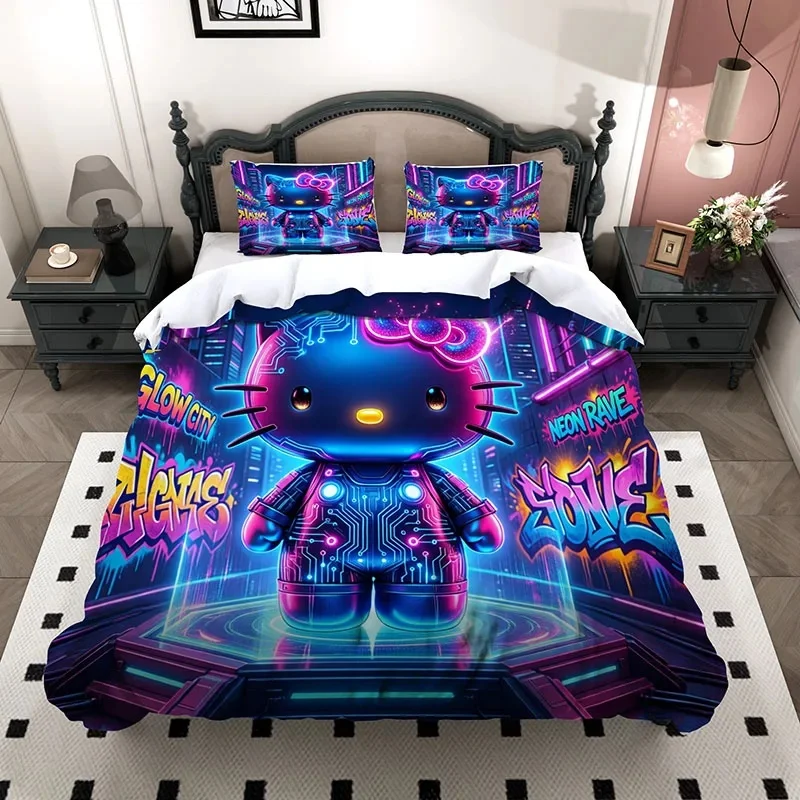 Vibrant Neon Cyberpunk Hello Kitty 3Pcs Bedding Set, 3D City Microfiber Duvet Cover With 2 Pillowcases For Girls Bedroom