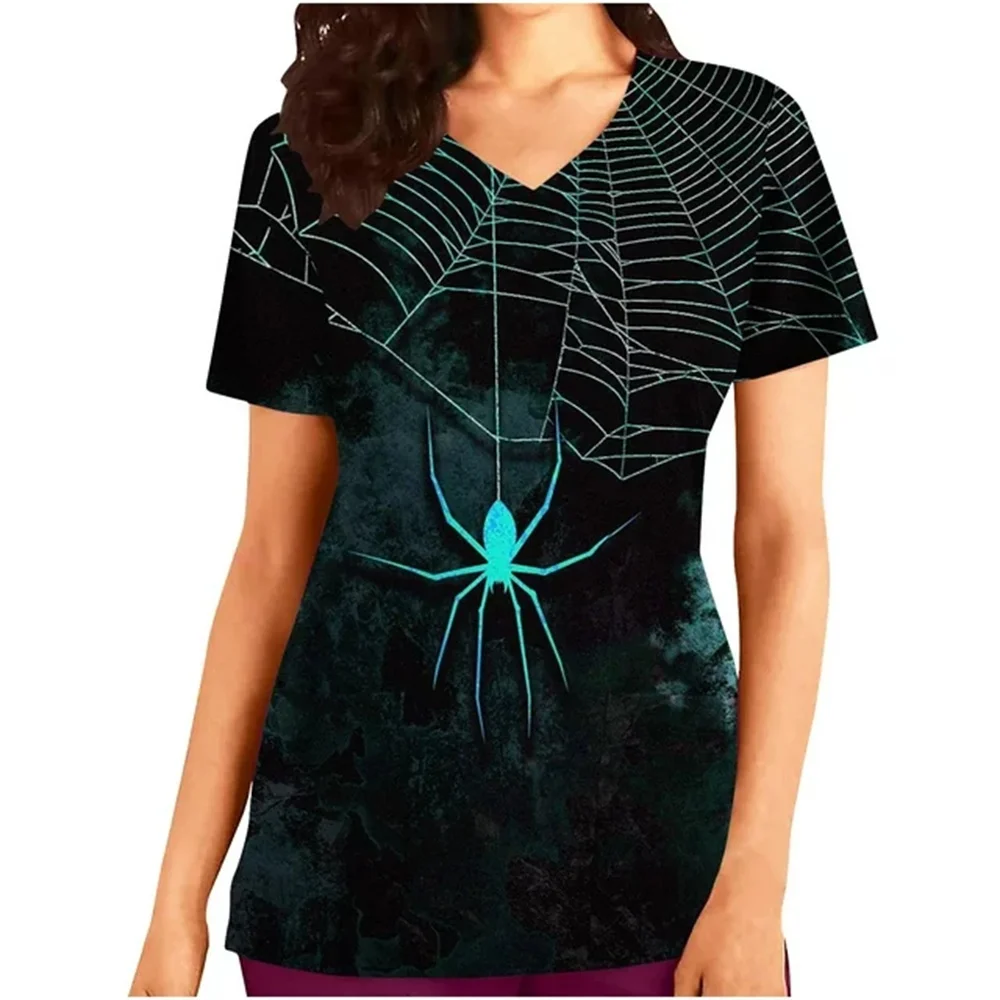 Halloween Damen Krankenschwesteruniform Frosted Top Damen Bedruckte Scrub Tops Arbeitsuniform Kurzarm V-Ausschnitt Taschenarbeitsuniform