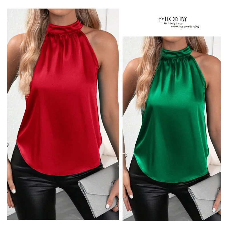 Halter Neck Loose Fit Top Regular Length Private Celebrity Style with Halter Strap Spring Tanks Top Elegant Autumn for Women