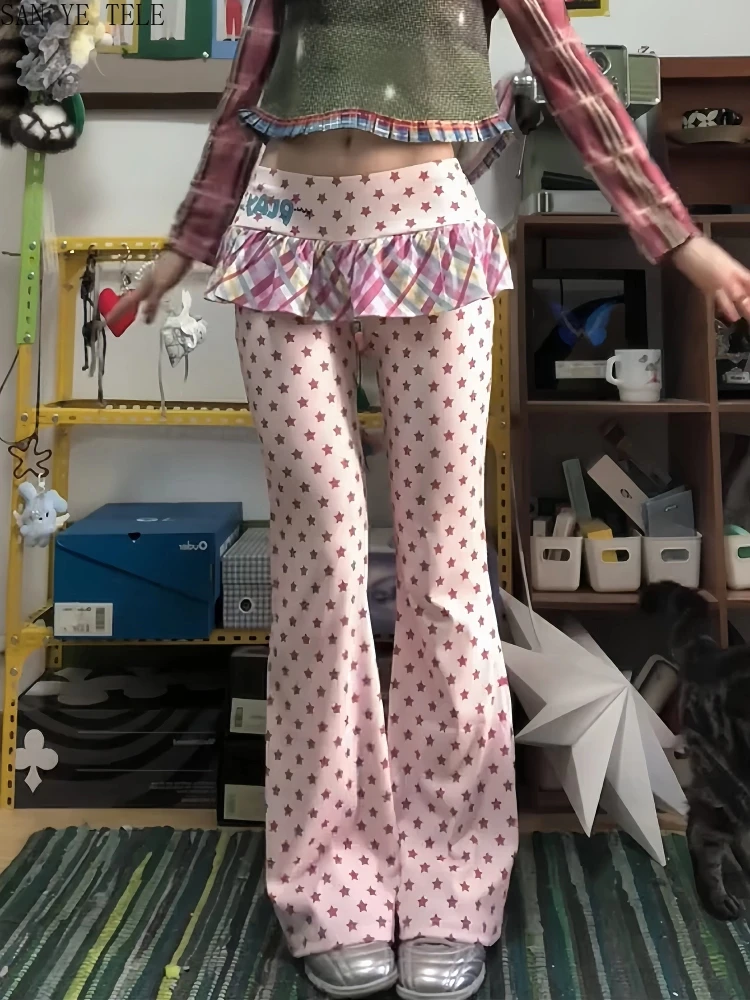 Spodnie w stylu college, urocze, Y2K, długie, damskie, jesienno-zimowe, imitacja dwóch części, spodnie z niskim stanem i rozszerzaną spódnicą, moda Kpop z lat 2000, gyaru.