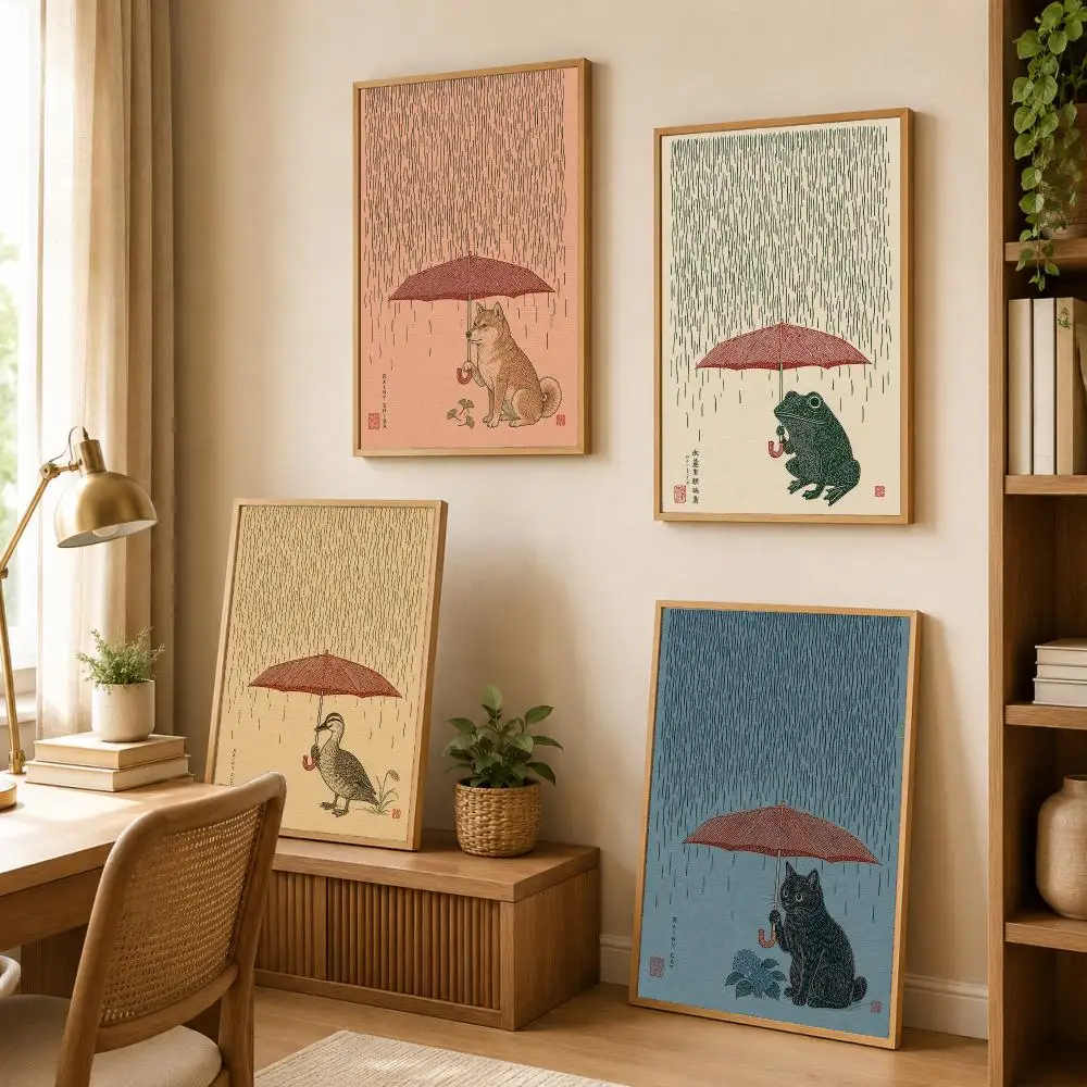 Japanese Frog with Umbrella Calligraphy Canvas Painting Art for Bedroom Living Room Home Decor Wall Decoration Decals Gift