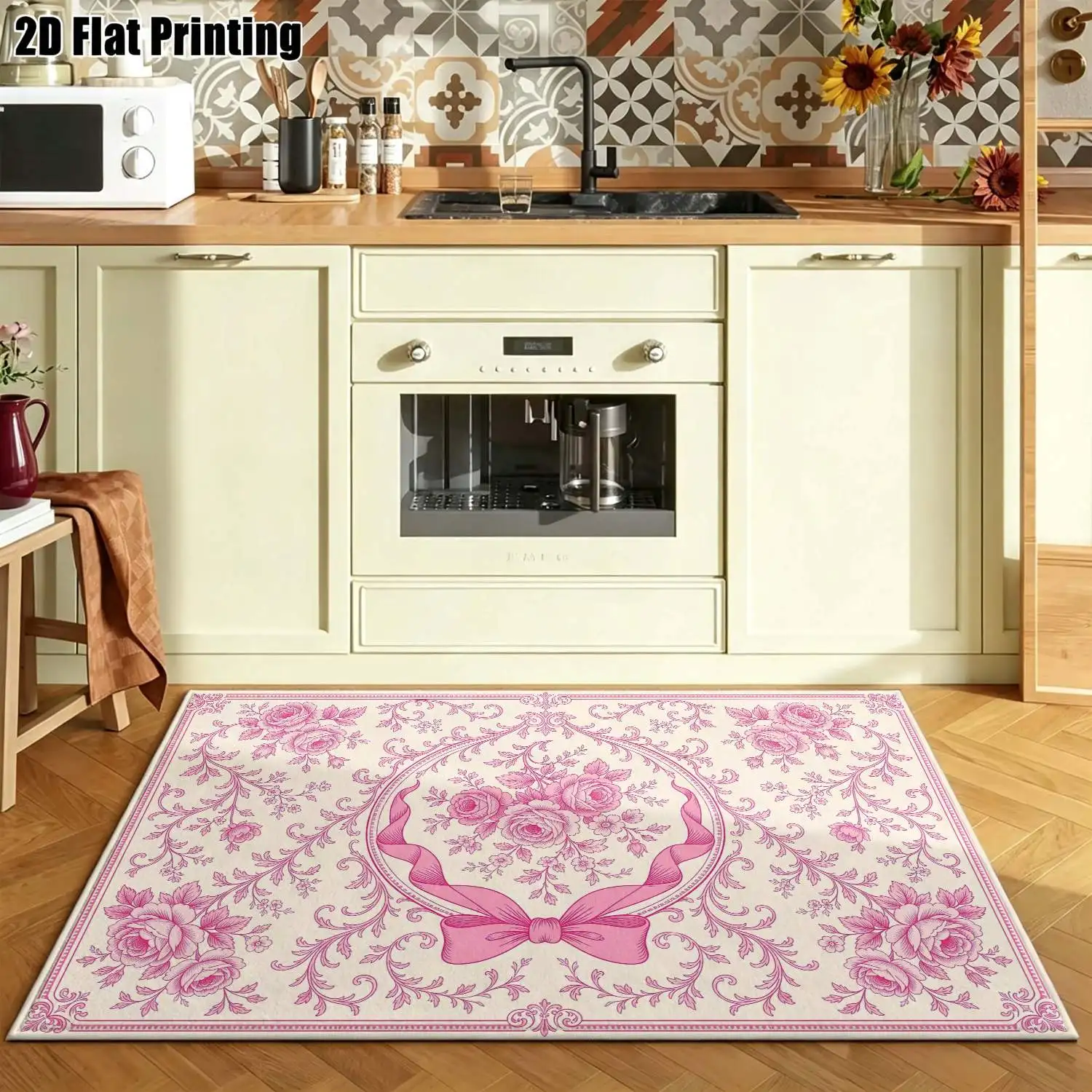 1Pc 2D Printed Carpet: Pink Flower & Bow Tie Pattern, Retro European Style, Home Decor Rug, Machine Washable, Multi-Size for Entrance, Dining, Bedroom, Living Room