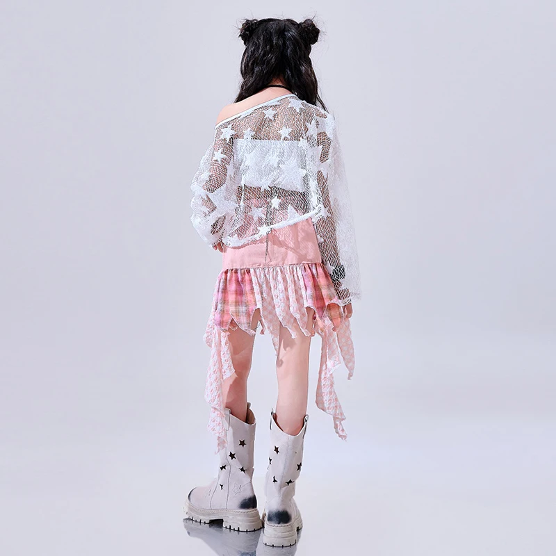 2023 sommer Mädchen Jazz Dance Kleidung Cheerleader Dance Show Kostüm Weiße Spitze Tops Rosa Unregelmäßigen Rock Kpop Straße Tragen BL 15775