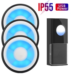 Black Home Waterproof USB or Battery Powered Wireless Doorbell 100M Smart Home Door Bell Chime Kit LED Flash Security Alarm