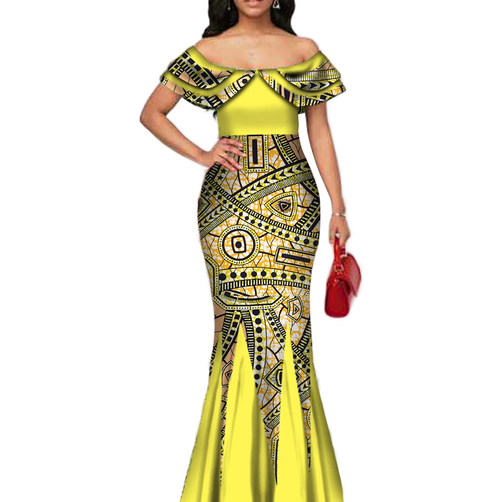Fashion African Print Long Mermaid Dress for Women Bazin Rich Patchwork Peter Pan Colla Dresses African Design Clothing WY3272