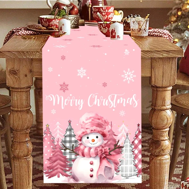 Pink Christmas Table Runner Christmas Decorations For Home 2024 Xmas Table Flag NewYear Winter Holiday Kitchen Dining Table Deco