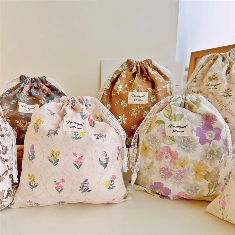 1PC Cotton Drawstring Drawstring Bag Lace Drawstring Small Shredded Flower Storage Bag Home Travel Storage Bag