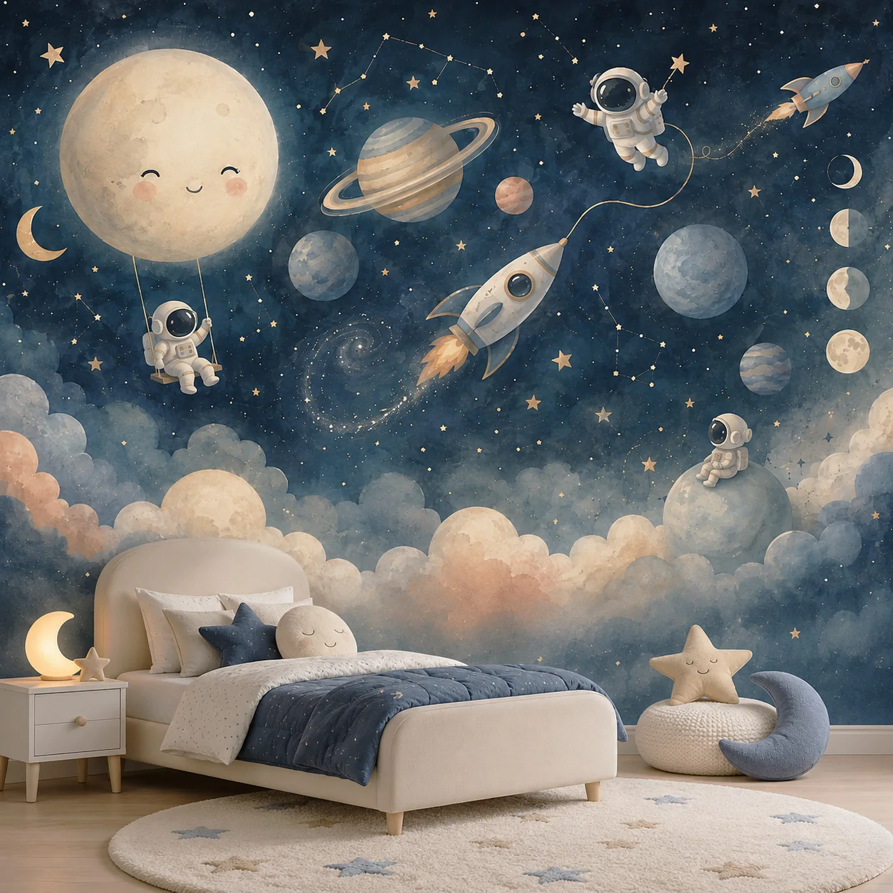 Kids Space Wallpaper Mural Astronaut Rocket Moon Planets Galaxy Stars Nursery Bedroom Wall Decor Non Self Adhesive