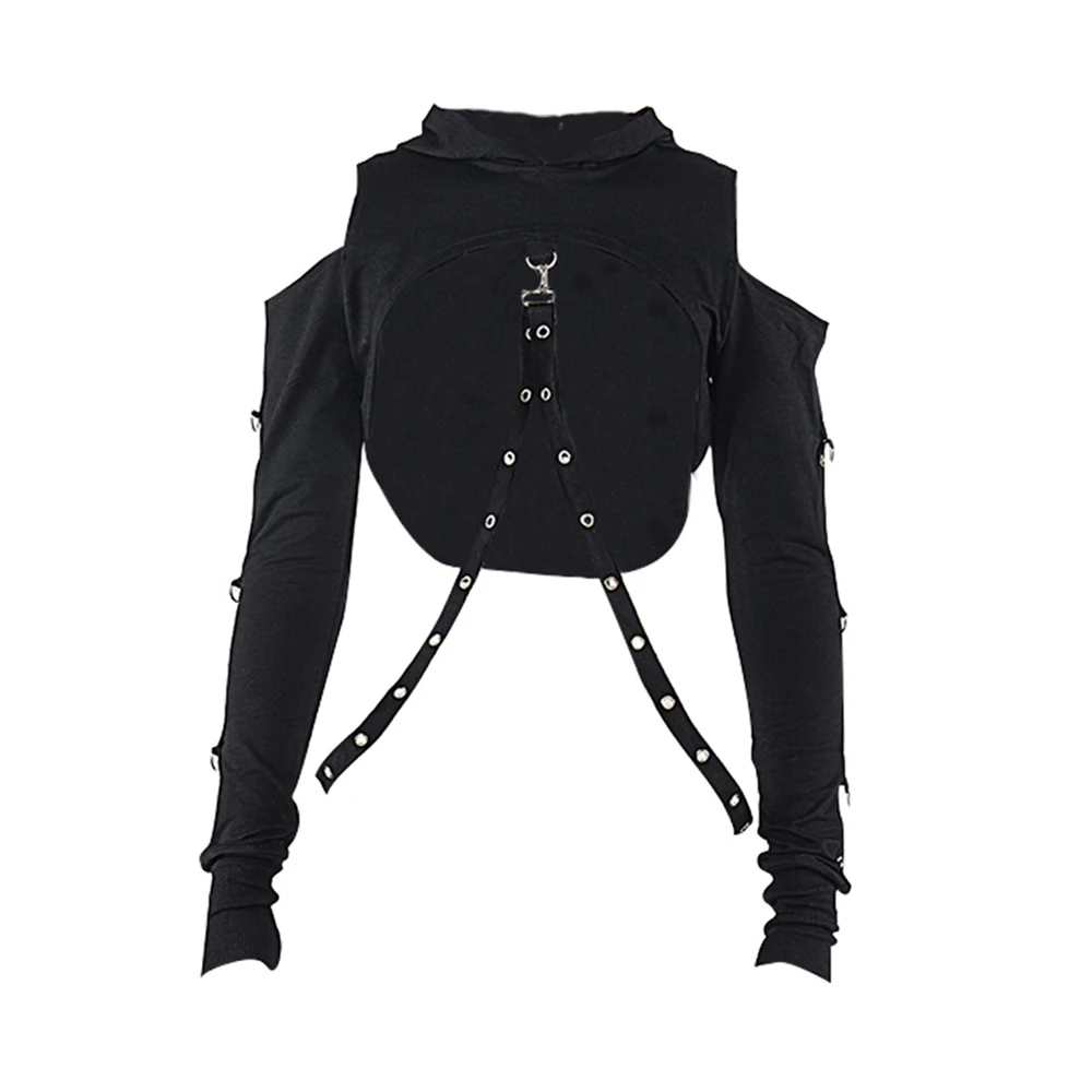 Women\'s Gothic Eyelet Patchwork Short Hoodie Hole Pullover Strappy Metal Hole Black Dropshipping