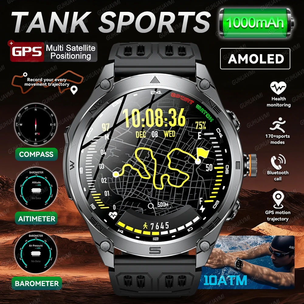 

2026 New TANK Ultra 1000mAh Battery Smart Watch Men 1.7"AMOLED GPS Path 10ATM Swim Compass Barometer Call For IOS Android Watch