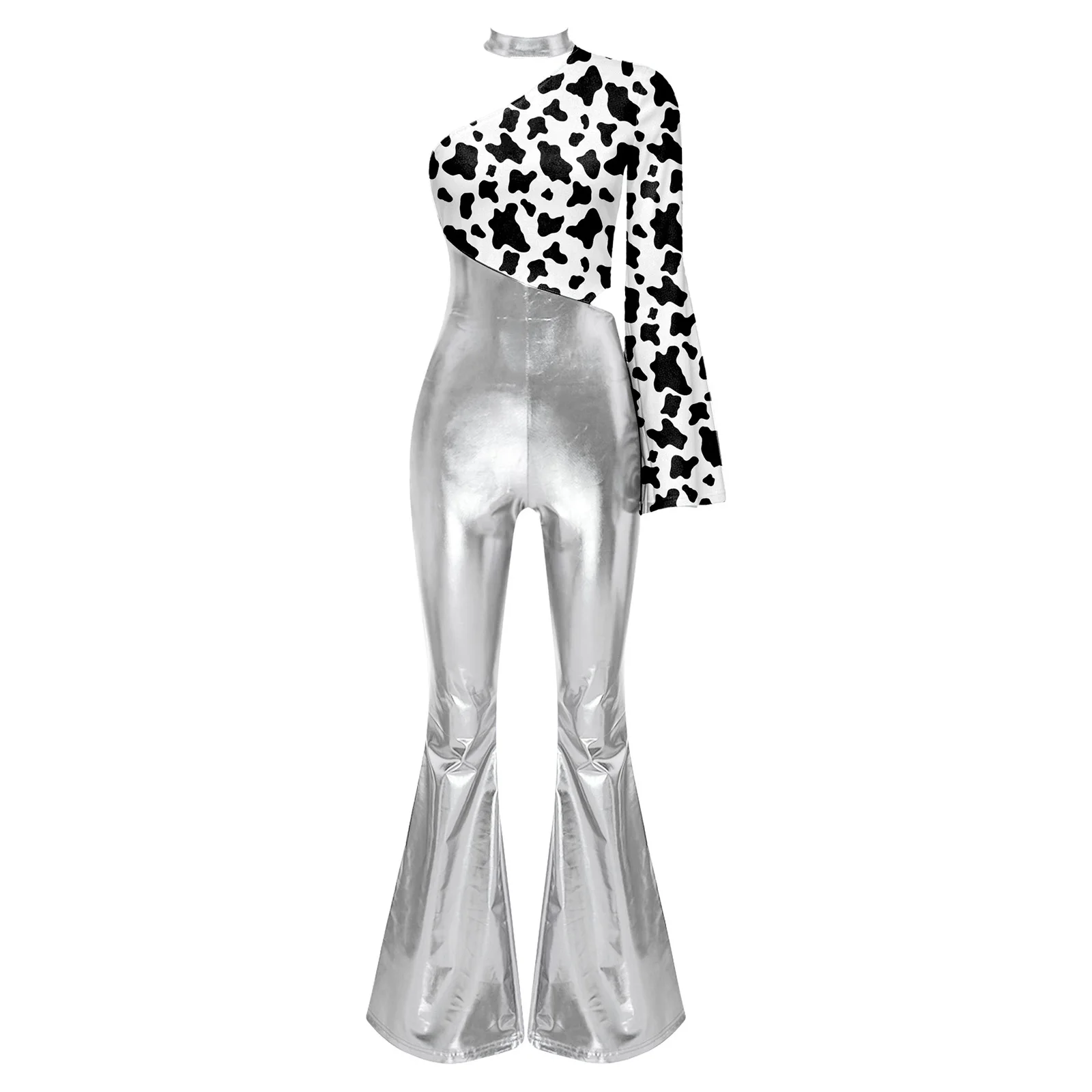 Damen One-Shoulder-Unitard mit Leopardenmuster, Tanz-Jumpsuit mit seitlichem Cutout, ausgestellte Hosenbeine, Retro 70er Disco Jazz Dance Outfit – Detail 6