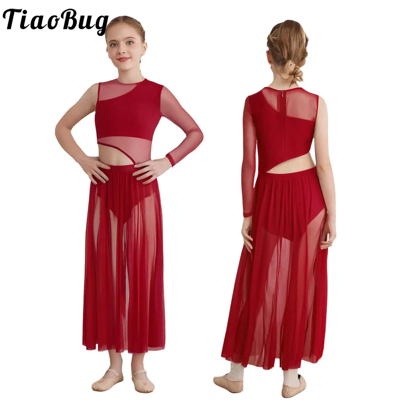 

Kid Girls Lyrical Dance Dress Cutout Mesh Patchwork Modern Skating Dance Contemporary Dancewear Stage Performance Ballet Costume