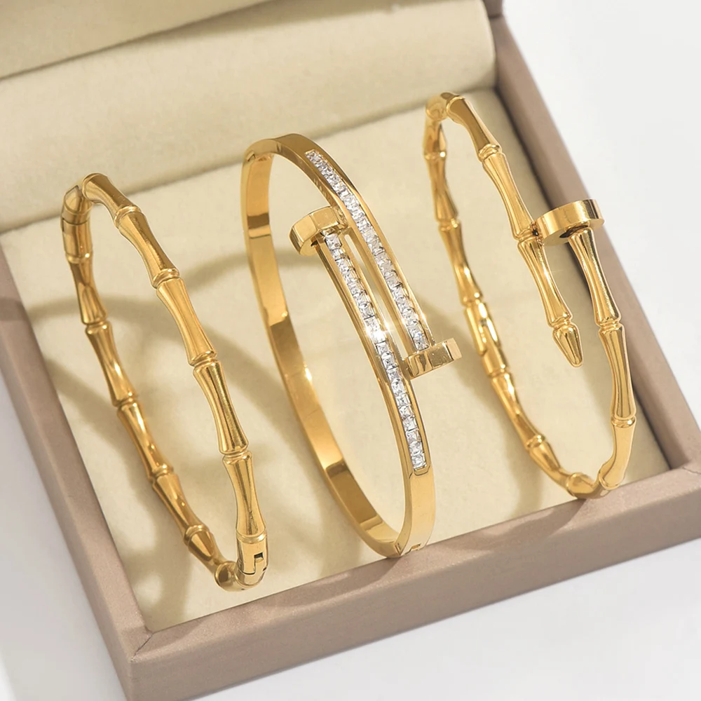 1/3 قطعة رائعة وبسيطة على طراز المال القديم تصميم كلاسيكي بأربع أوراق البرسيم الزركون مجموعة أساور من الفولاذ المقاوم للصدأ #2