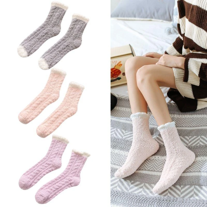 

Women Winter Coral Fuzzy Slipper Socks Braided Cable Knit Thicken Plush Candy Color Warm Sleeping Hosiery 15UB