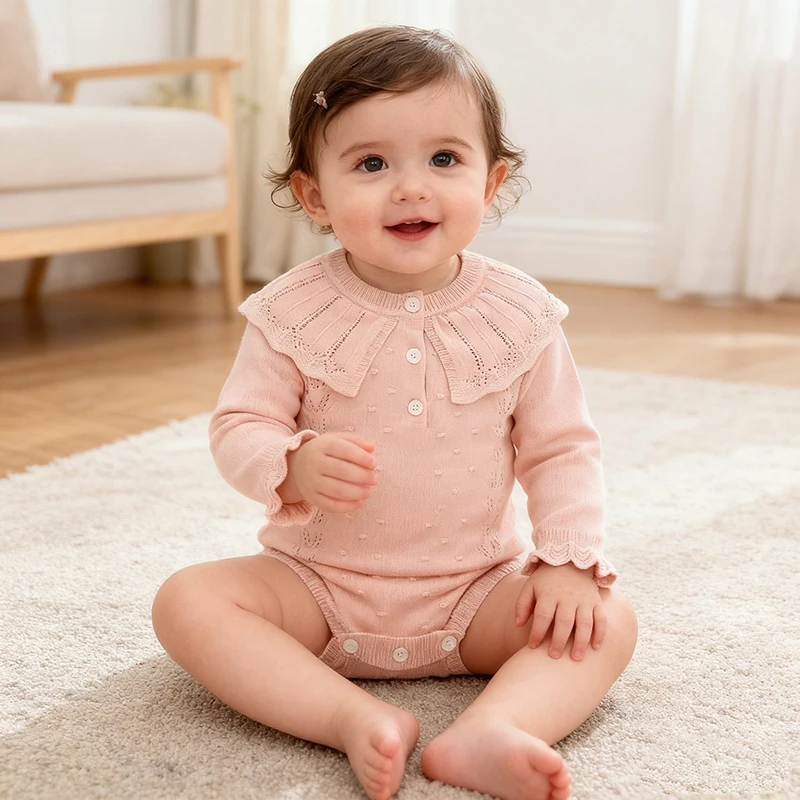 

Autumn Baby Girl Knitting Pullover Romper Neonate Baby Girl One-piece garment Knitted Lotus Collar Overalls Autumn Cute Sweater