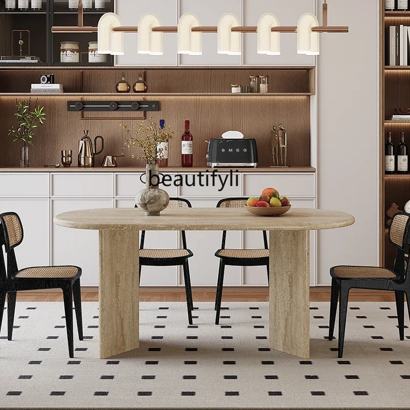 cc182Moderner einfacher ovaler Esstisch, Wohnzimmer, luxuriöser langer Steintisch für den Haushalt, hochwertiger Marmor aus Wabi-Sandy Travertin