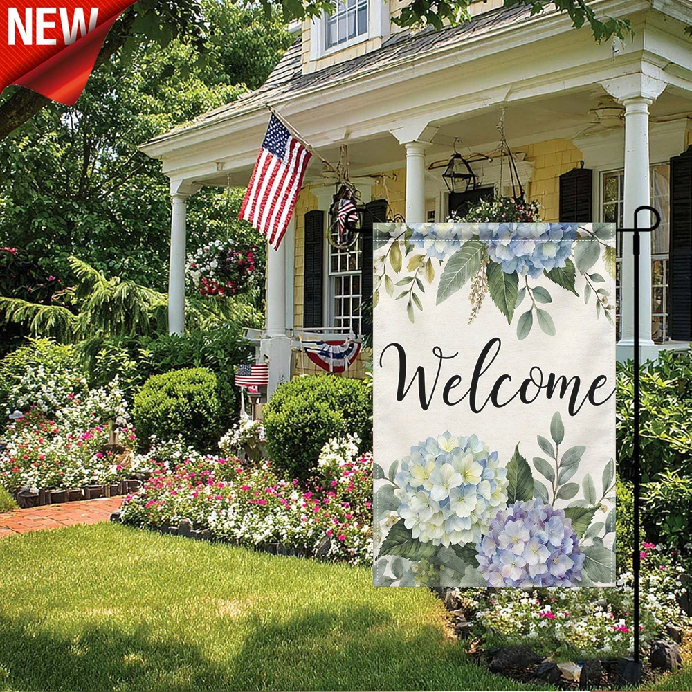 

1PC, Welcome Hydrangea Garden Flag, Watercolor Blue Floral Outdoor Decorative Flag, Double Sided Spring Summer Welcome Yard Flag, Rustic Eucalyptus Leaf Flower Banner for Patio Lawn Porch Farmhouse Holiday Seasonal Outdoor Decor,