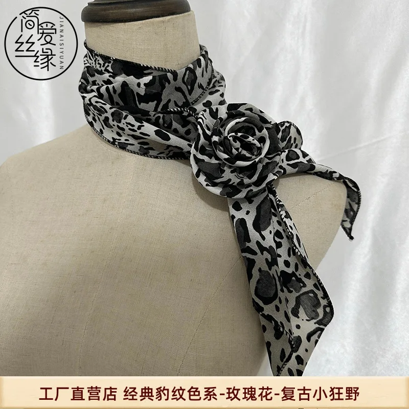 

New Long Women's Scarf Rose Classic Leopard Color Strap Buckle Collar Flower Decorative Art Style Scarf Sj115