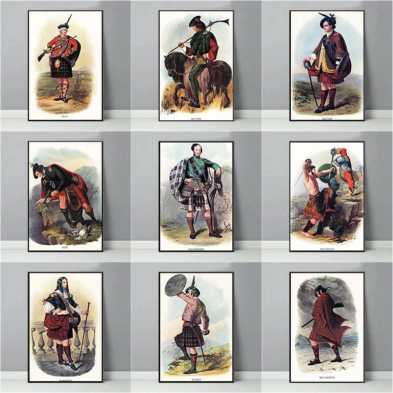 Vintage 1840s Clan Men Scottish Clothing Poster Canvas Printing Decor Living Room Bedroom Wall Art Home Decor Fathers Day Gift