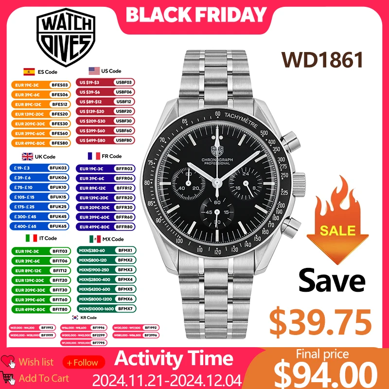 Watchdives WD1861 V1 Watch VK63 Chronograph Movement Stainless Steel Wristwatch Sapphire AR Coating Luminous Vintage Watches