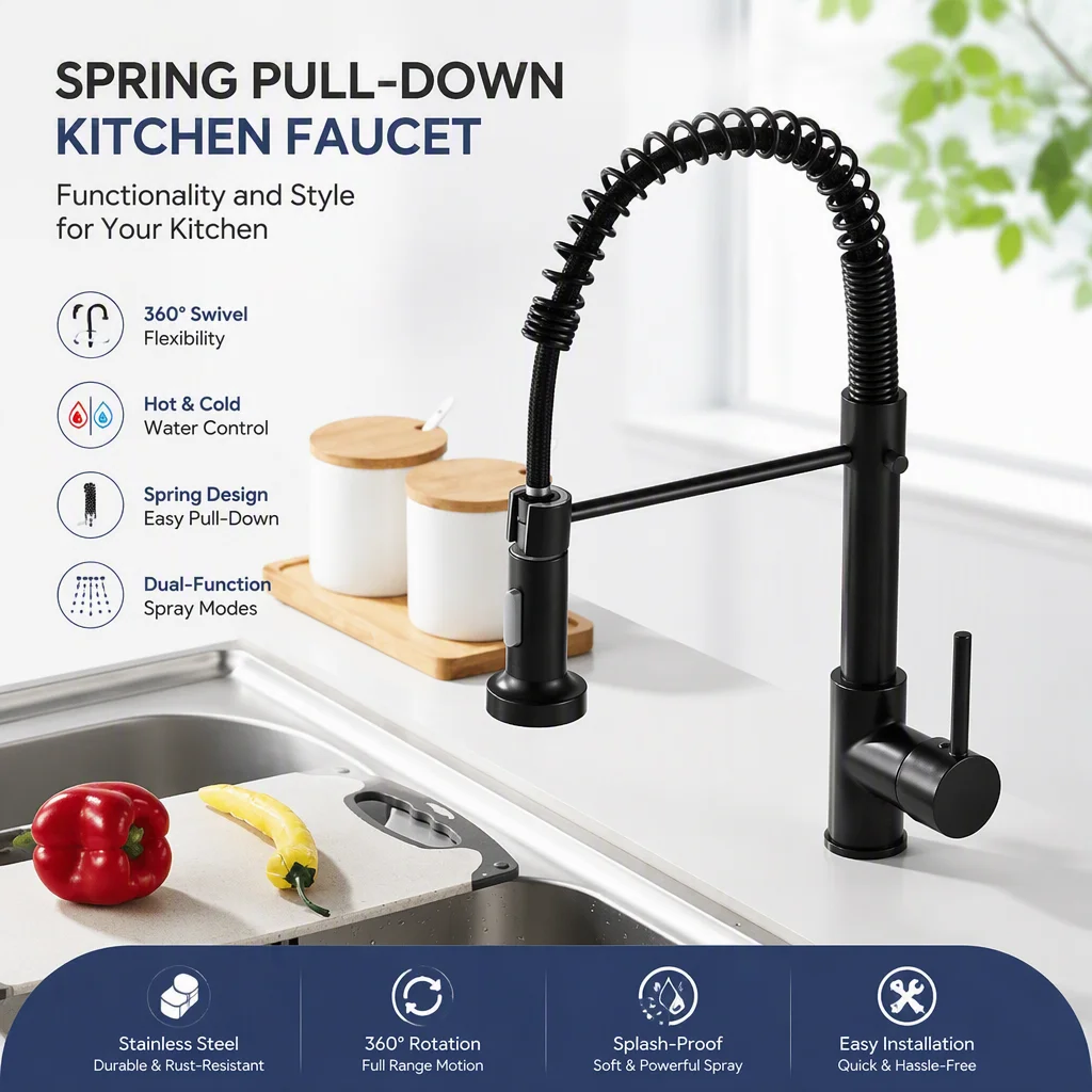 Pull Out Spring Stainless Steel Kitchen Faucet, Hot Cold Water Mixer Tap for Sink, 360° Swivel Anti-Splash Spray Head