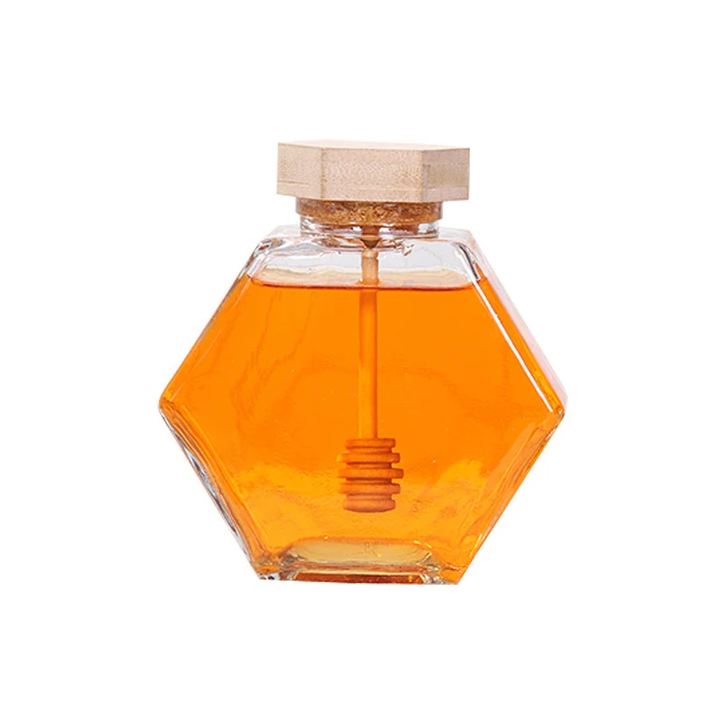 Hexagonal Glass Honey Bottle With Wooden Honey Pot Stirring Rod Sealing Clear Jam Jar Kitchen Home Storage 100ML/220ML/380ML